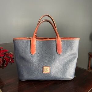 Dooney & Bourke Navy Pebbled Shoulder Tote with Brown Leather Trim